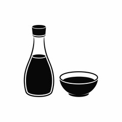 Simple black and white illustration of a soy sauce bottle and dipping bowl