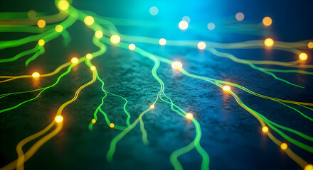 Stunning network connection with glowing nodes represents data flow in vibrant blue and green hues