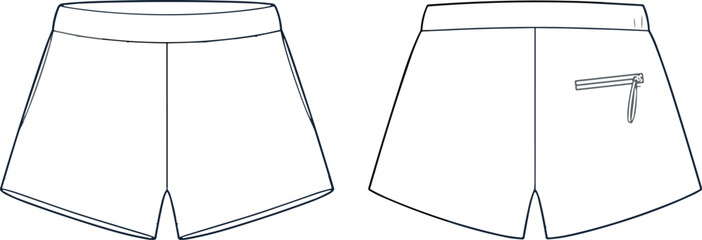 Two pairs of shorts design sketch, one with zipper pocket, front view comparison, minimalist outline, fashion technical template, apparel vector, garment illustration.