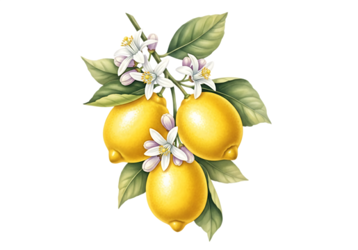3D render of lemons with leaves and blossoms on a branch, isolated on a transparent background.