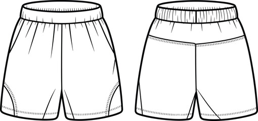 Technical shorts sketch front and back view, elastic waistband design, curved seam detail, casual athletic garment layout, fashion drawing template, vector illustration.