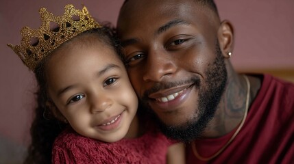 Father and Daughter Smiling Wearing Crown CloseUp Portrait.