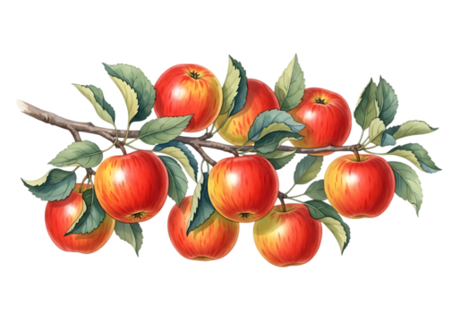  Detailed watercolor painting of a branch with red and yellow apples and green leaves, isolated on transparent background