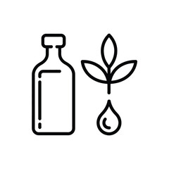 Minimalist line art icon of a glass bottle with a plant and droplet