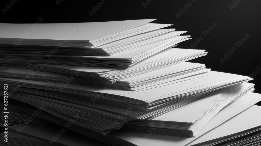 Poster stack of blank paper sheets with a dark background, showcasing texture and layers.
