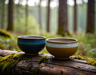 Two rustic handmade ceramic bowls resting on a damp, mossy log in a serene forest clearing.