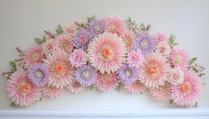 Pastel paper flowers in arch design on wall