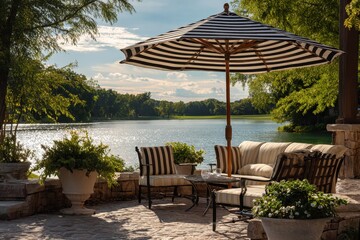 Lakeside patio furniture, summer relaxation, tranquil view