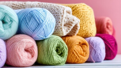 Colorful yarn balls and knitted sweaters stacked on a white surface against a pink backdrop