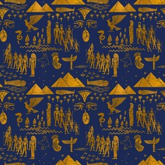 Seamless Ancient Egyptian Pattern – Gold Tribal Hieroglyphic Symbols and Pyramids Background. No.17, abstract grunge background