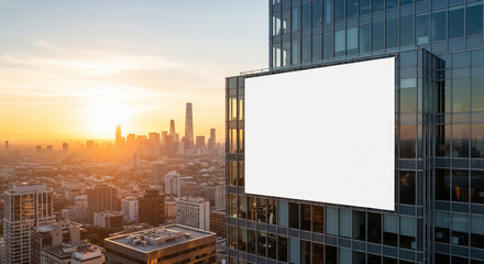 Obraz premium Blank Outdoor Billboard on Modern Skyscraper with Sunset City View
