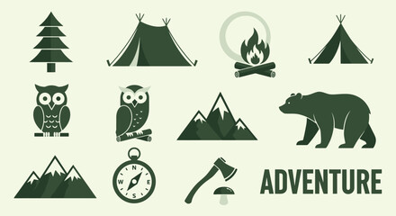 Obraz premium Vector illustration of camping adventure icons with bear, owl, campfire, tent and compass