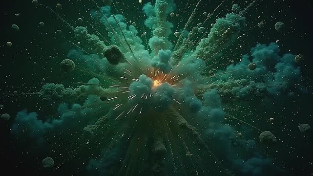 Against a green background, explode cosmic dust space bursts in brilliant plumes of radiant dust particles that float and shimmer, crafting a mesmerizing cosmic spectacle. - Powered by Adobe