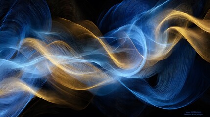 Abstract fusion of glowing gold and deep blue in swirling dance of light, black background