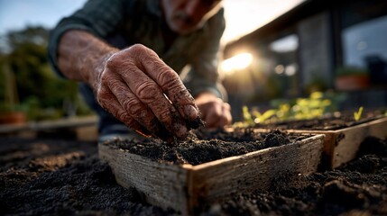 Gardener Planting Seeds in Wooden Box Sunlight Closeup.