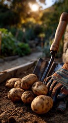 Freshly Harvested Potatoes with Gardening Tools in Garden.