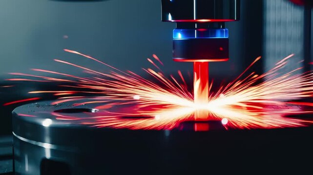 Laser cutting machine precisely etching metal, producing sparks and intense heat.