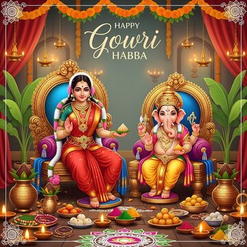 Goddess parvati and lord ganesha seated on ornate thrones celebrating gowri habba festival