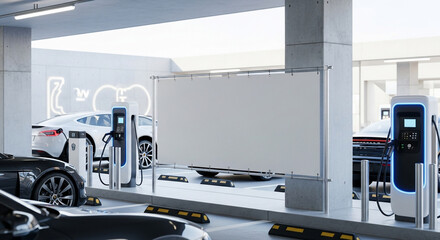 EV Charging Hub in Modern Parking Garage with Blank Billboard