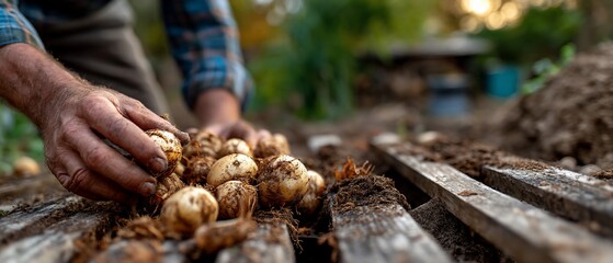 Gardeners Hands Planting Bulbs in Garden Soil Closeup View.