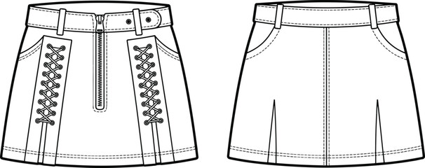Lace-up front skirt technical drawing, zipper closure detail, belt with loops, back pocket view, slight flare hem, fashion design vector template, sketch.