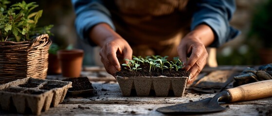 Gardeners Hands Holding Seedlings in Tray Gardening Concept.