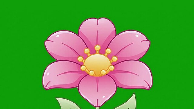 A pink flower blooms against a green backdrop featuring rounded petals and a yellow center with multiple circular details