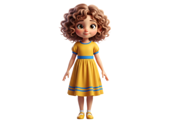 3D render of a cute standing little girl with curly brown hair, wearing a yellow dress with blue stripes, isolated on a transparent background.