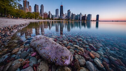 City skyline reflected in clear lake water,  stone at water's edge