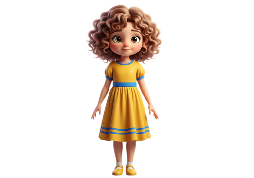 3D render of a cute standing little girl with curly brown hair, wearing a yellow dress with blue stripes, isolated on a transparent background. - Powered by Adobe
