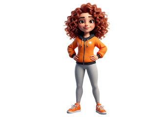 3D cute cartoon girl character with curly hair in orange hoodie and sportswear, isolated on transparent background.