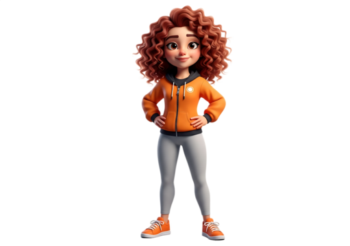 3D cute cartoon girl character with curly hair in orange hoodie and sportswear, isolated on transparent background.