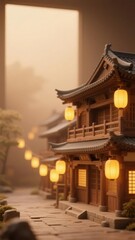 Fototapeta premium Traditional Asian Architecture Illuminated by Lanterns in a Misty Evening