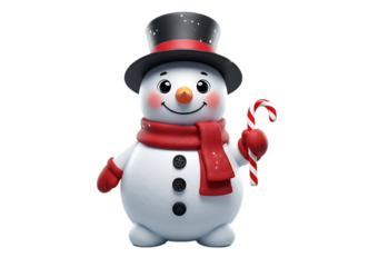  3D render of a cute snowman wearing a top hat and scarf, holding a candy cane, isolated on a transparent background.