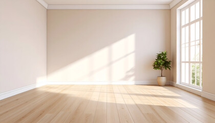 Obraz premium Bright, empty room with soft pastel walls and light wooden floors. Natural window light casts clean shadows, creating a serene, minimalist interior.