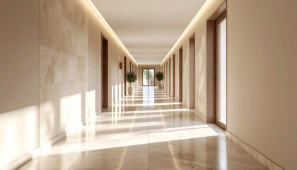 Obraz premium Flygen A clean empty hallway mockup with long shadows cast across neutral stone tiles, plain cream walls, and recessed lighting.