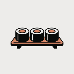 Three delicious sushi rolls served on a wooden platter with a light gray background