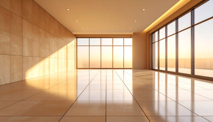 Flygen_A compact square room with sand-colored walls and large polished ceramic tiles, with subtle light reflection on floor, 85mm macro shot.