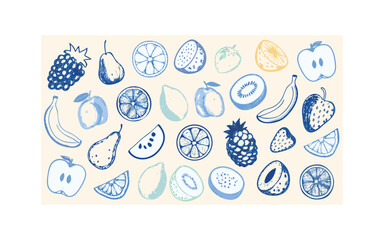Fototapeta premium Color-Dripped Fruits cape of Twenty Plus Fruits in Playful Artistic Doodle Format with Stylized Blue Ink Lines