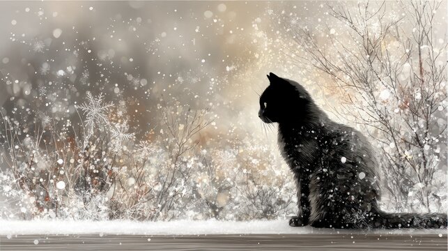 Black cat in snowy winter scene