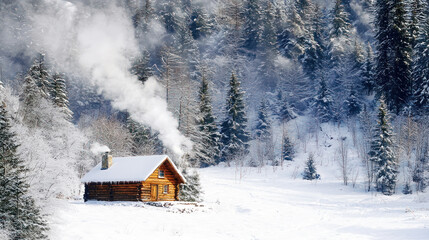 A remote mountain cabin with a trail of smoke rising from the chimney, surrounded by snow-covered trees.