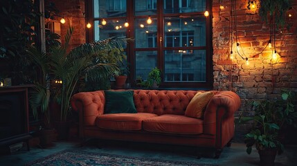 Rustic living room with vintage couch and warm lighting.