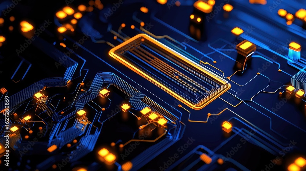 Poster detailed close-up view of illuminated circuit board components.