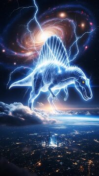 An epic digital illustration of a glowing, cosmic Spinosaurus spirit appearing above a futuristic city skyline. With a dramatic galaxy backdrop, lightning, and glowing details, this sci-fi fantasy art