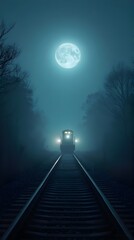 Train on a Railway Track in a Dark Forest at Night