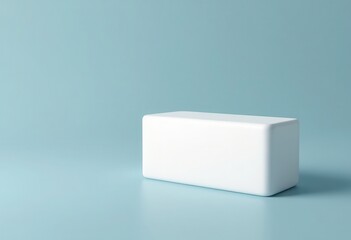 Rectangular white display podium on a light blue background.