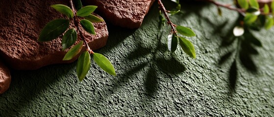 Green Leaves and Textured Surface with Shadows.