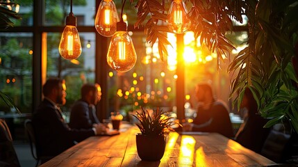 Warm, inviting restaurant interior at sunset.