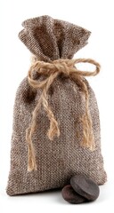 Tied burlap bag with dark disks