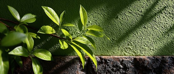 Green Leaves on Branch Against Textured Wall.